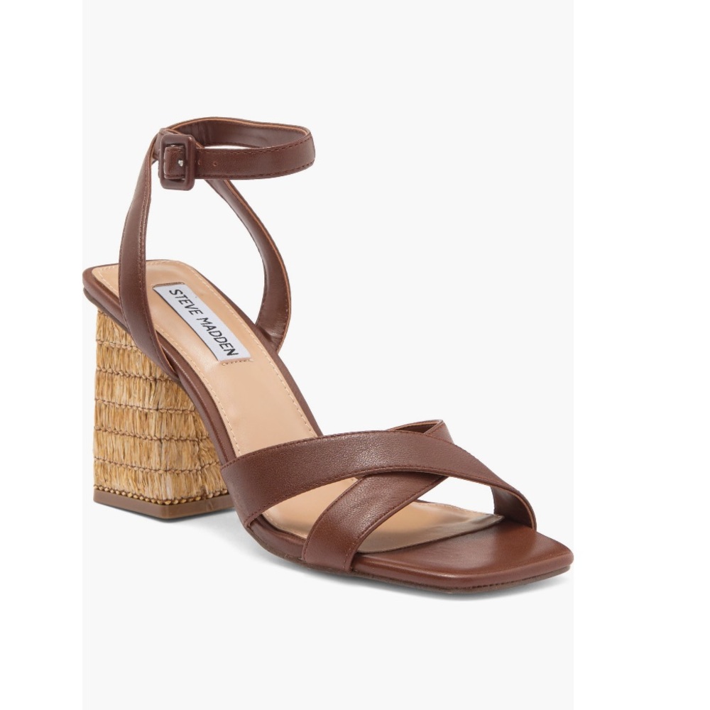 Steve Madden Renley Block Heel Ankle Strap Sandals Brown Leather Women’s Size 10